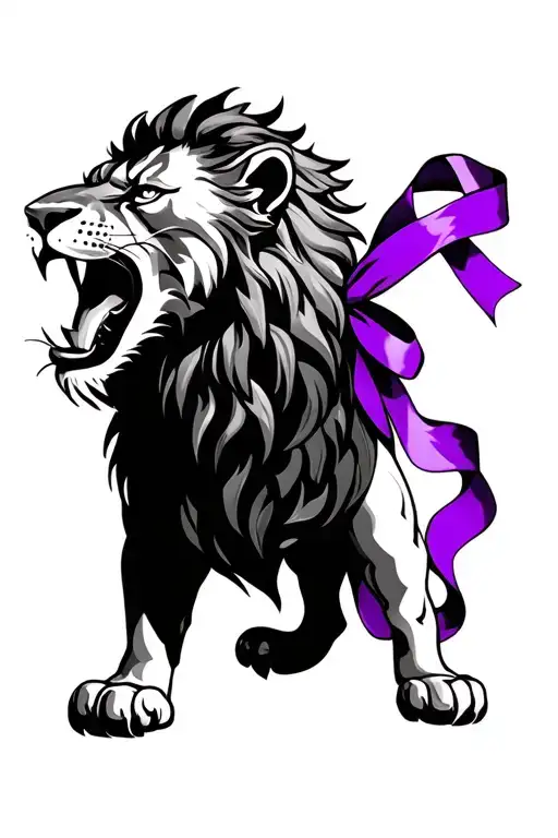 Roaring Lion With Purple Ribbon Going