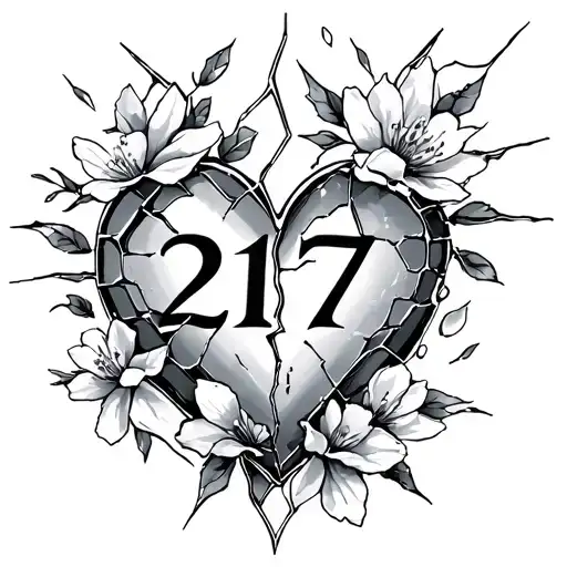 Shattered Glass With Number 217 And Blossoms Falling With A Broken Heart