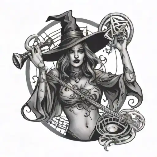 A Sexy Witch Casting A Spell With Musical Symbols In The Background