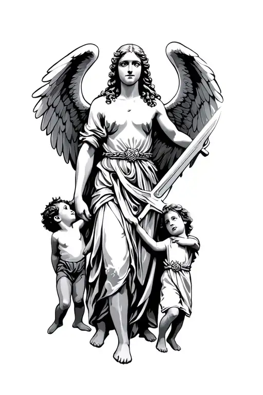 Majestic Angel Holding Sword And Protecting Children