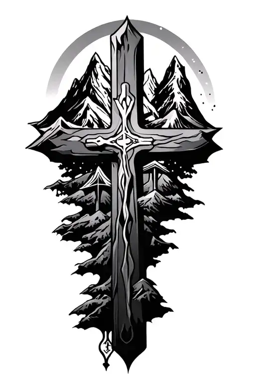 3 Crosses On The Mountain Landscape Filled