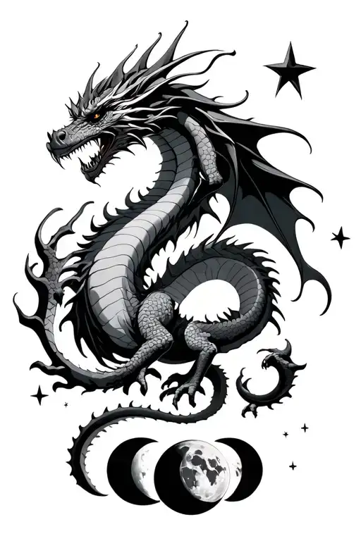 Dragon Flying Up And Above Him Are 5 Moon Phases And Stars