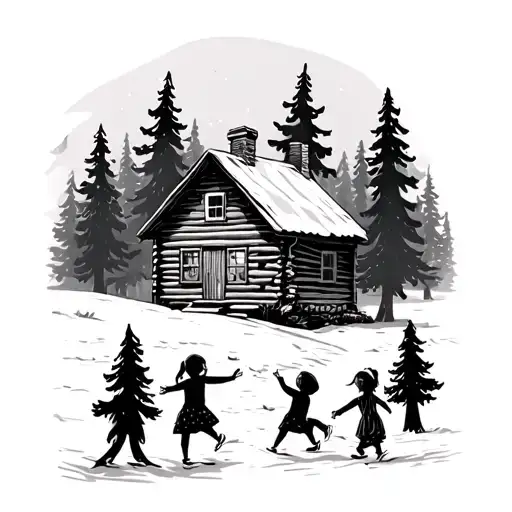 An A Frame Cabin Surrounded By Pine Trees With 3 Little Girls Playing In Front