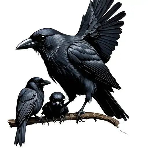 Crow Feeding Two Baby Crows