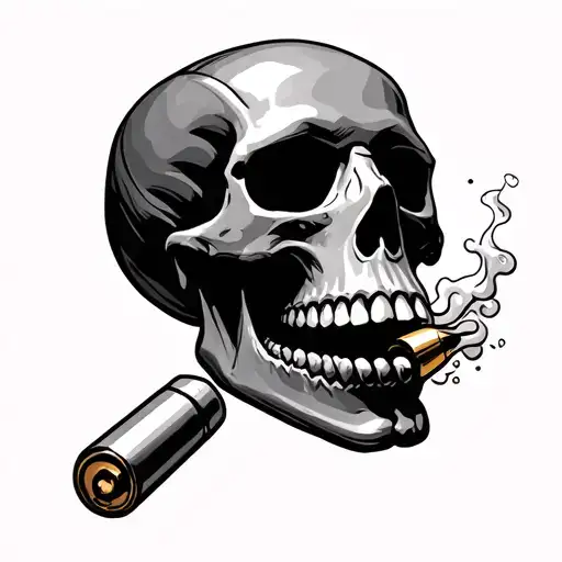 Skull With Bullet Casing In Its Mouth With Smoke Coming Out Of The Bullet