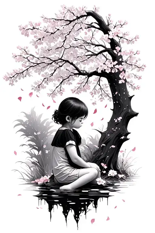 Cherry Blossom Petals Falling With A Child Sitting Under It