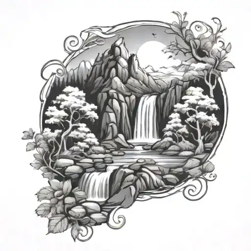 Nature Scene With Mountains And Waterfalls