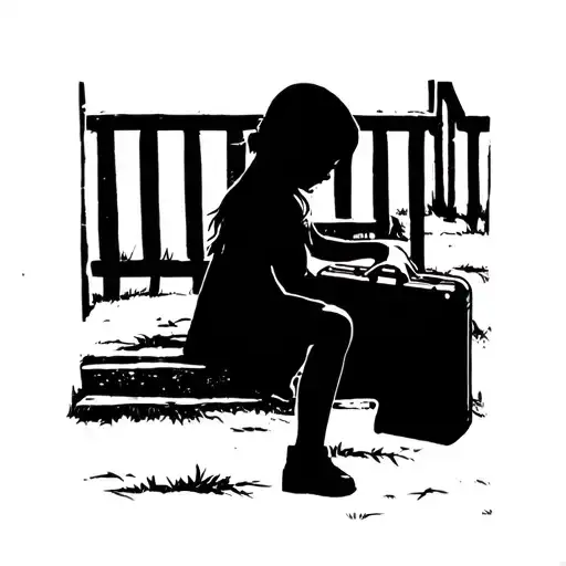 Silhouette Of Little Girl Sitting With Suitcase On Porch Steps