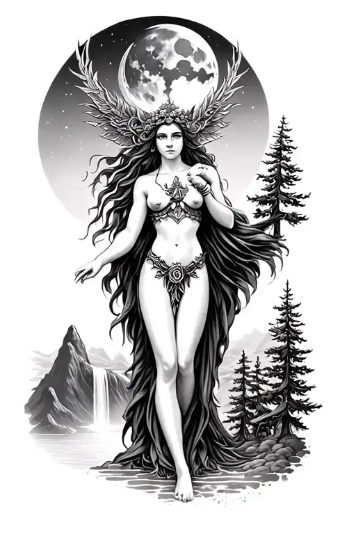 Artemis Goddess Of Love With Mountains Pines Rising Moon And Waterfall