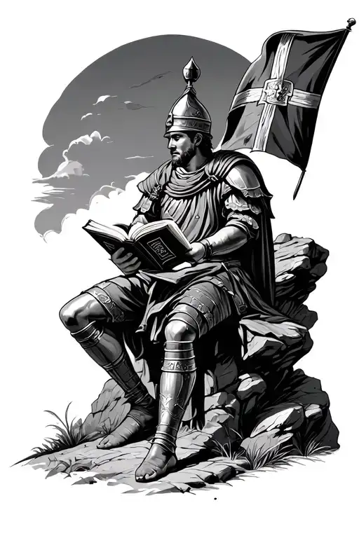 Roman Soldier Sitting On A Rock And Reading A Book