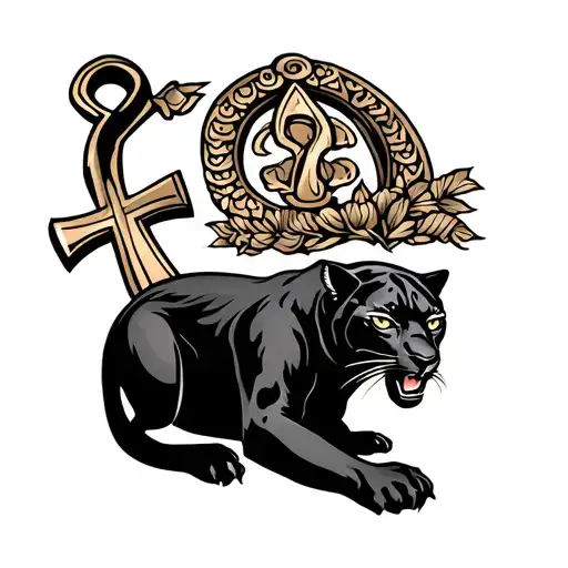 Traditional Style Panther Crawling Up An Ankh Symbol