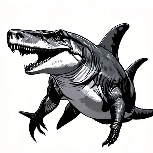 Tyrannasours Rex And Shark Swimming