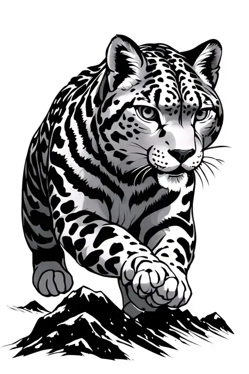 Chinese Style Cartoon Snow Leopard Walking Down A Mountain