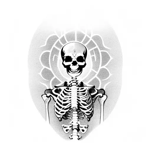 A Black And Grey Tattoo Of A Meditating Skeleton Surrounded By Tropical Flowe