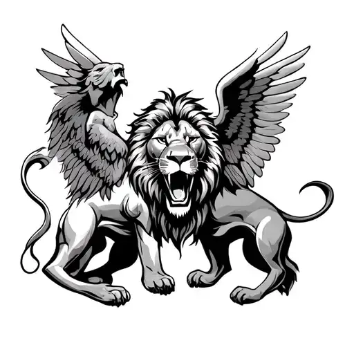 Create A Tattoo Two Angels With A Lion Roaring Amidst