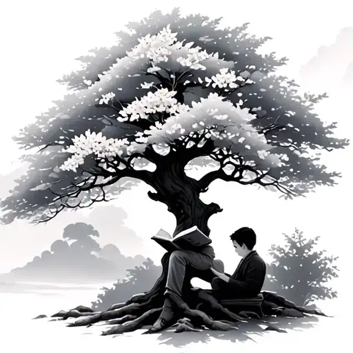 Cherry Blossom Tree With A Boy Reading A Book Under It