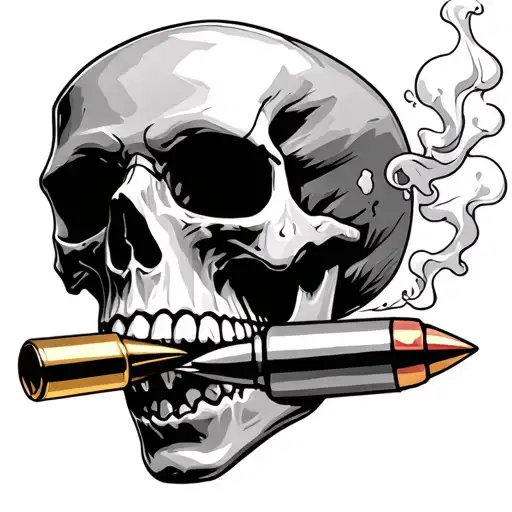 Skull With Bullet Casing In Its Mouth With Smoke Coming Out Of The Bullet