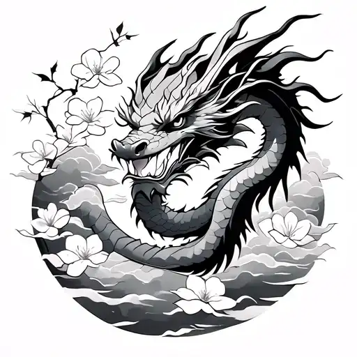 Dragon With Cherry Blossoms And Clouds