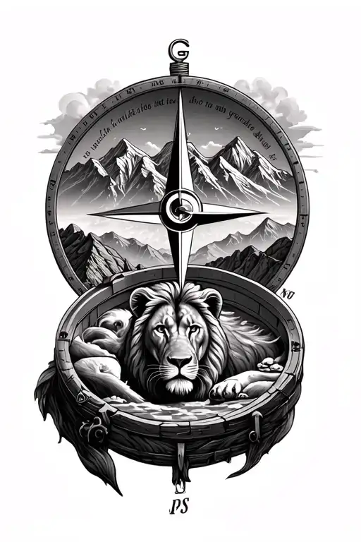 Compass In The Mountains With A Lion And A Quote