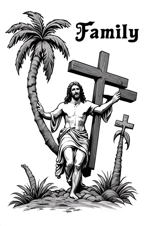 Jesus Carrying A Cross With The Word Family Above Add Palm Trees