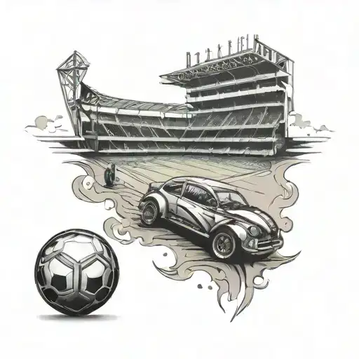 Design A Tattoo Of A Football And Cricket Stadium With A Prominent Car Parked Outside