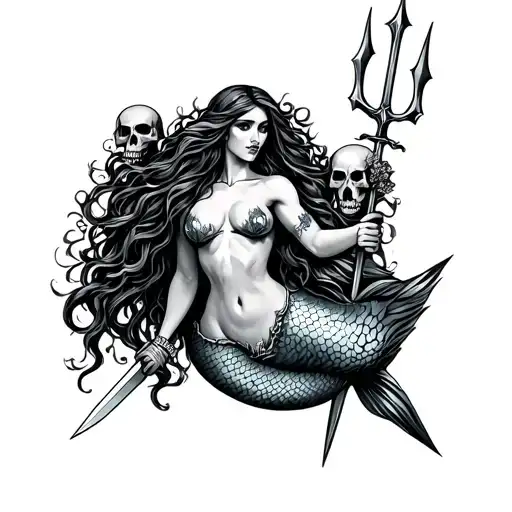 Mermaid Holding Trident With Skull And Swords