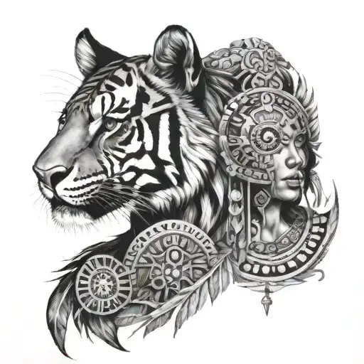 Aztec Women Face With Aztec Calendar And A Tiger Emerging