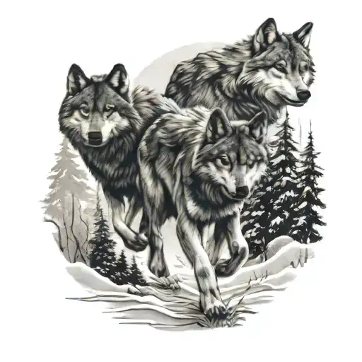 A Wolf Pack Running Through A Snowy Forest With A Touch Of Surrealism