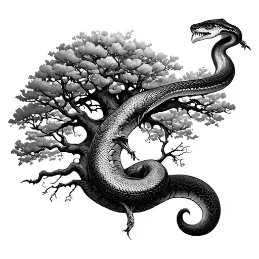 Tree Of Life Combined With Ouroboro Snake Biting Itself