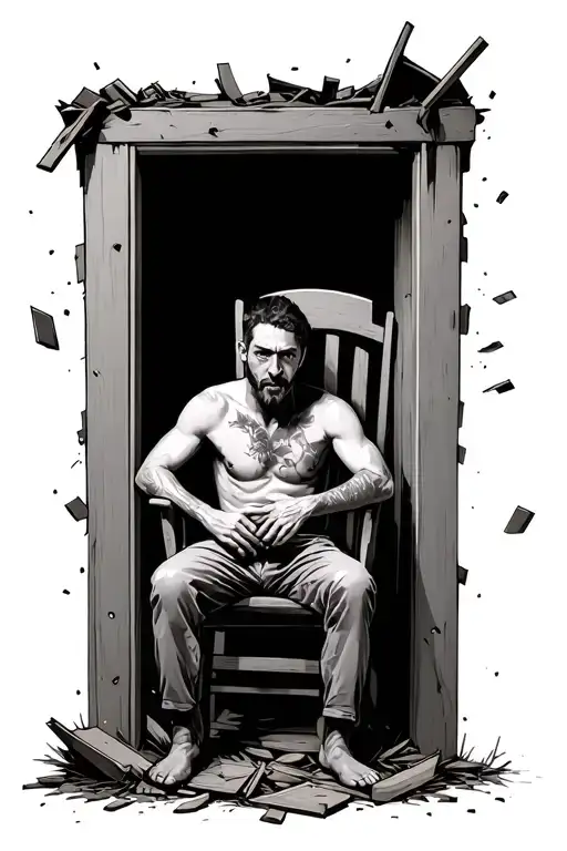 Sitting On A Wooden Chair In An Old Decrepit House That Falling Apart Around Him