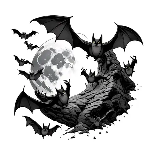 A Bunch Of Bats Leaving A Cave With Moon Surrounded