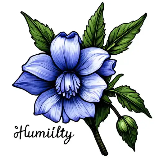Line Art Bluebell Flower With Humility Written In Cursive As Part Of The Stem