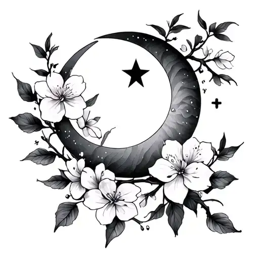 Cherry Blossom And Crescent Moon And Aquarius Star