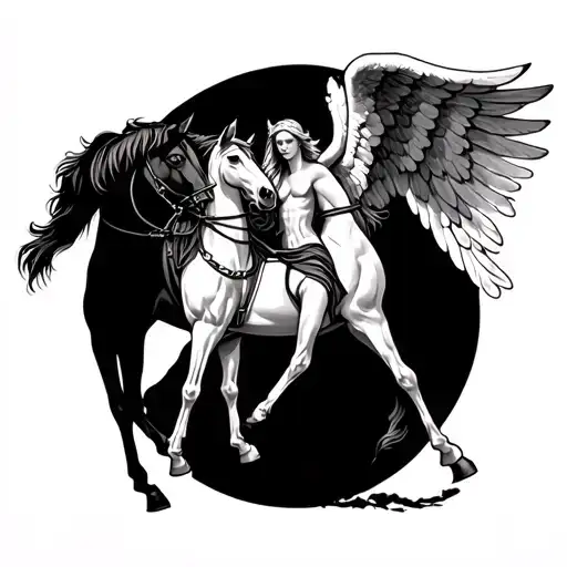 A Tattoo On The Chest Of An Angel Tied To Two Horses Less Realistic