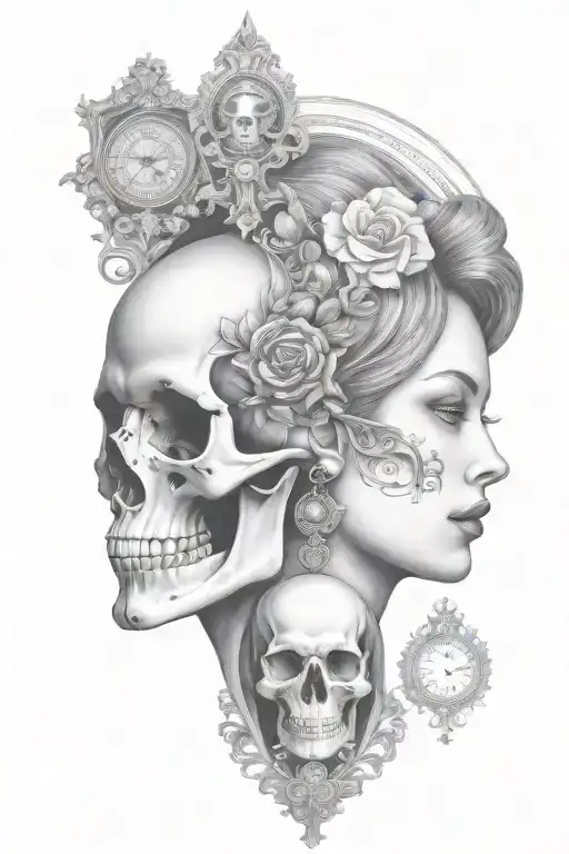 Janus Head Profile Skull And Lady With Hourglass Pendant