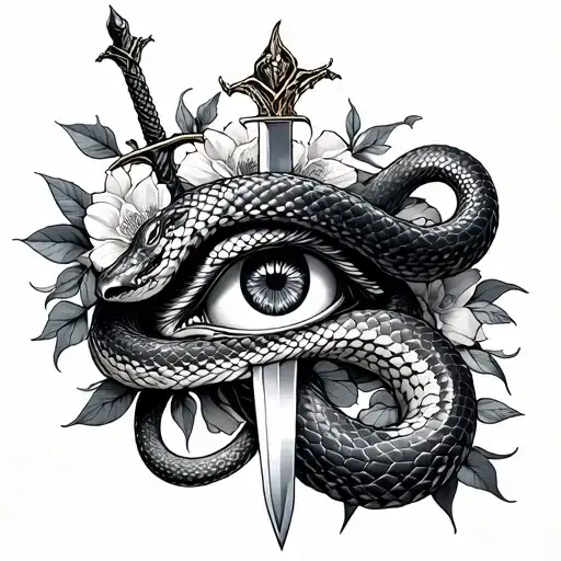 Snakes With Sword Stabbed Floral With Eye