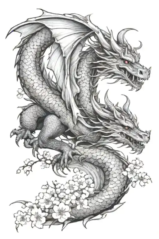 A Dragon Flying Over A Field Of Blooming Cherry Blossoms