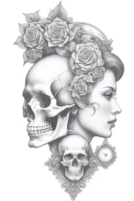 Janus Head Profile Skull And Lady With Hourglass Pendant