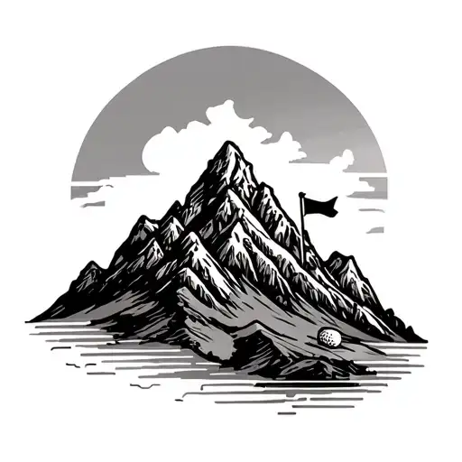 Mountain Range With Small Golf Flag And Ball