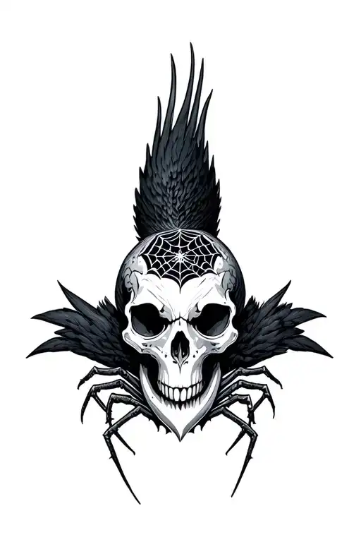 Crow Skull Fine Line Spider Web