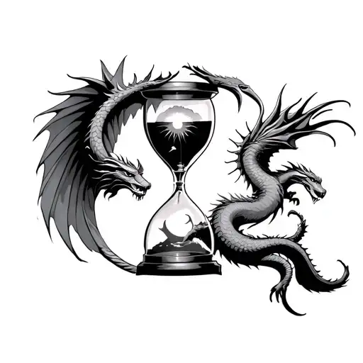 Two Dragons Flying Around An Hourglass Holding A Sun And Moon
