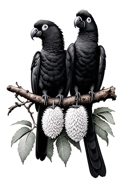 Two Black Cockatoos Sitting On Banksia Branch
