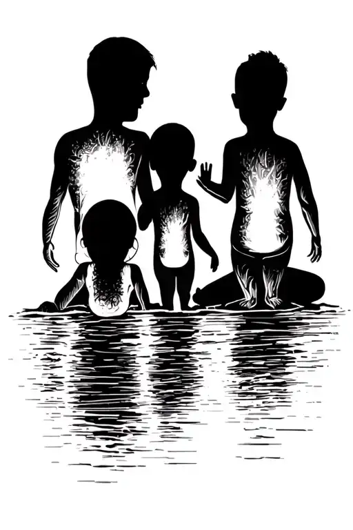 Dad With 3 Children Silhouette Sitting On Beach Sunset