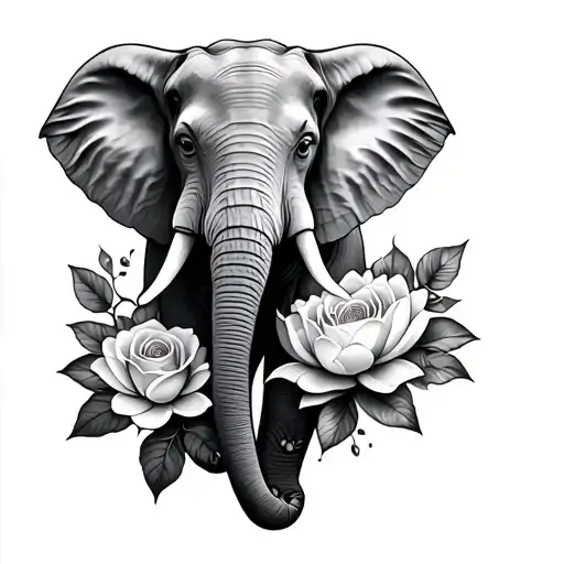 Elephant Tattoo With Lotus Flower And Rose Blossoms
