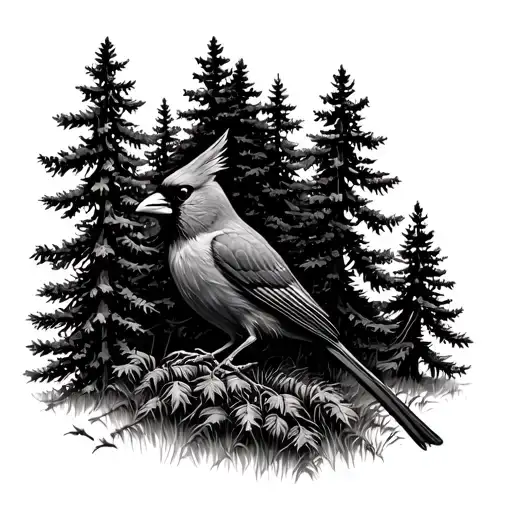 Pine Forest With A Cardinal