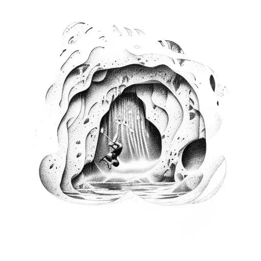 Diver Discovering A Hidden Cave Entrance Behind A Cascading Waterfall