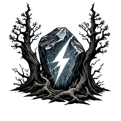Thor's Stone And Tree Growing And Lightning Bolt