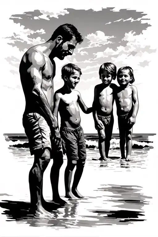 Dad With 3 Children On Beach