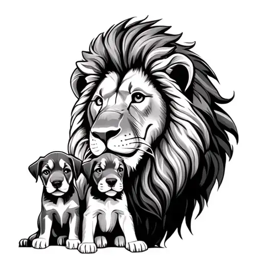 Brave Lion Father With Two Puppies