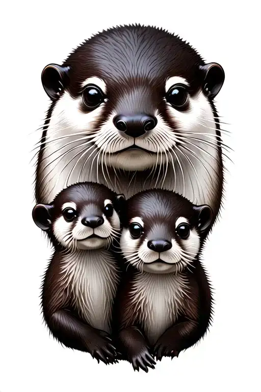 Otter Mother With Two Children